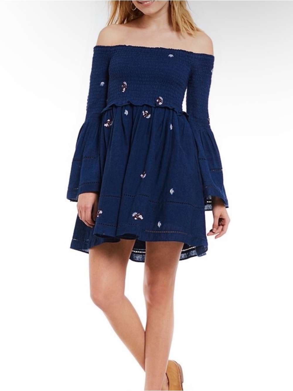 Free People Counting Daises Smocked Off the Shoulder Navy Dress - Size S